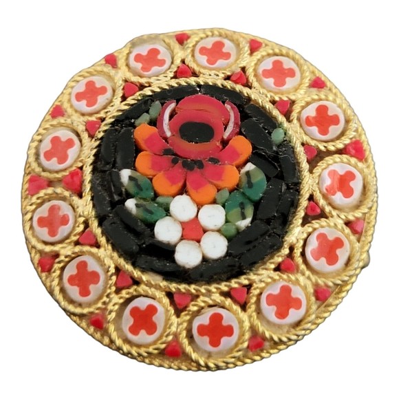 Vintage Italian Micro Mosaic Glass Tile Flower Floral Round Brooch Vintage - Picture 1 of 5